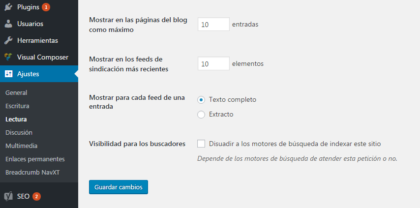 campo extracto en ajustes