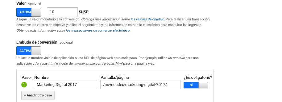 google analytics valores embudos conversion