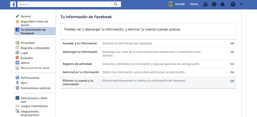 eliminar cuenta de facebook