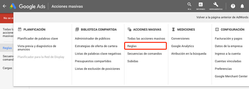 acciones masivas google ads