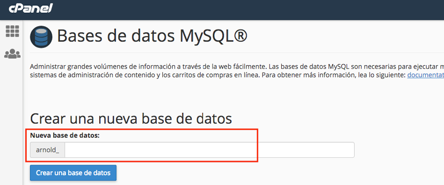 crear nueva base datos cpanel