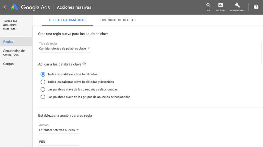 regla palabras clave google ads