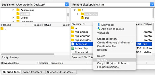renombrar htaccess wordpress error 500