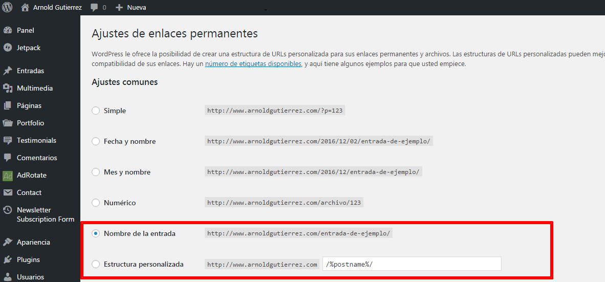 ajustes enlaces permanentes wordpress