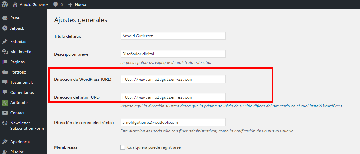 configuracion ajustes general wordpress
