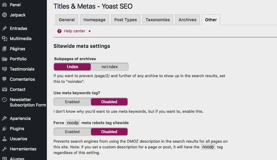 configuración de archivo de subpagina
