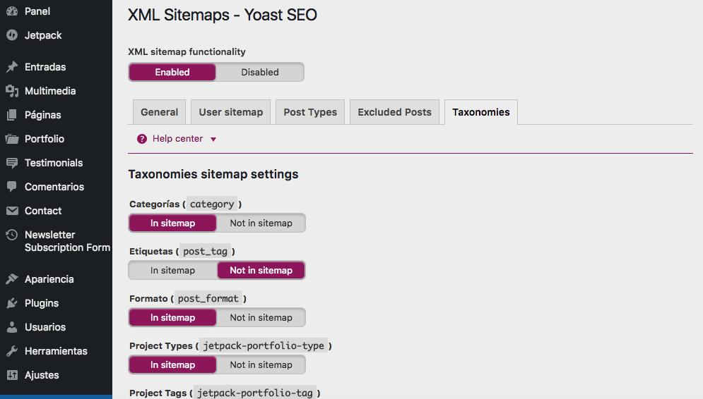 yoast seo configuración taxonomias
