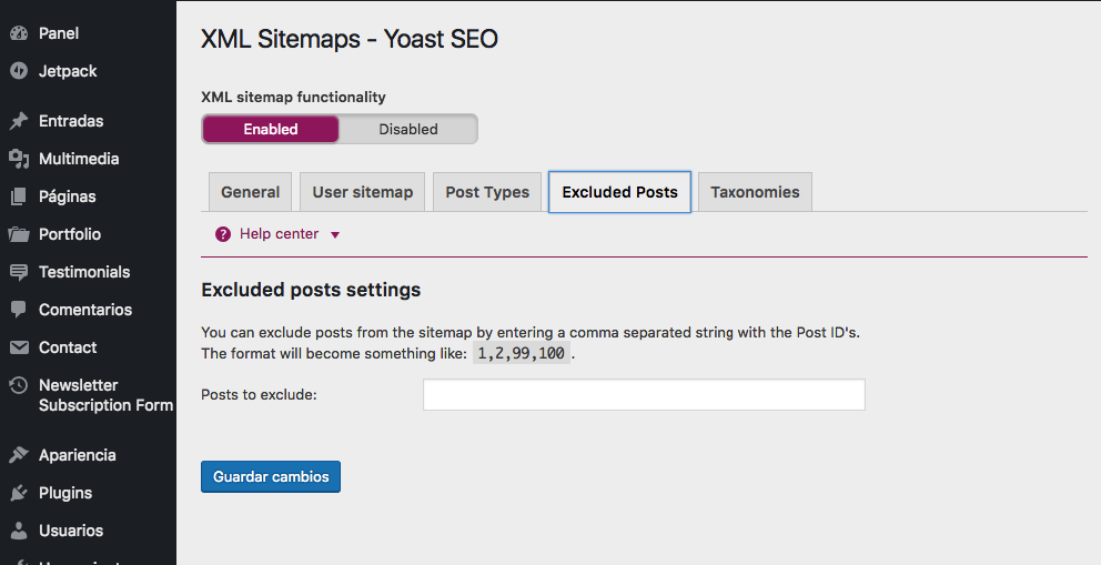configuracion yoast excluded posts